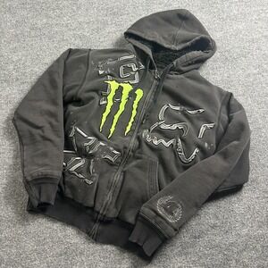 Fox Racing Monster Energy Hoodie Mens Medium Black Sherpa Lined Full Zip Moto